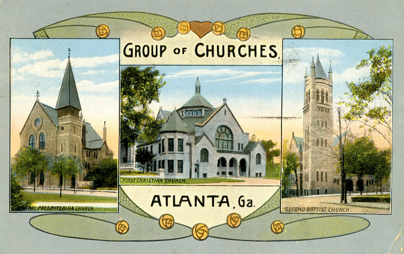 Atlanta’s Central Presbyterian Church, First Christian Church, and Second Baptist Church, ca. 1918.  All three – as well as the city’s other churches – were closed during the epidemic.
