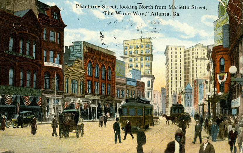 “The White Way” – Peachtree Street looking north from Marietta Street, ca. 1917.