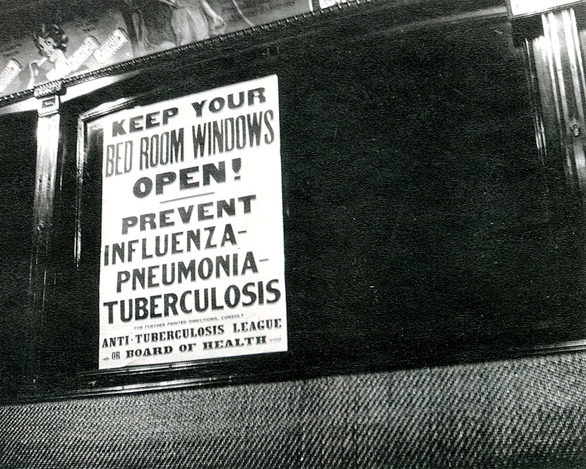 A Cincinnati Board of Health streetcar sign during the epidemic, educating passengers on how to prevent influenza, pneumonia, and tuberculosis.