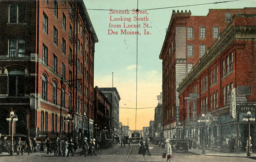 Seventh Street looking south from Locust Street, Des Moines.