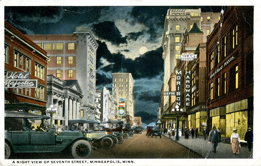 A view of Seventh St. at night, from near the intersection with Hennepin Ave.