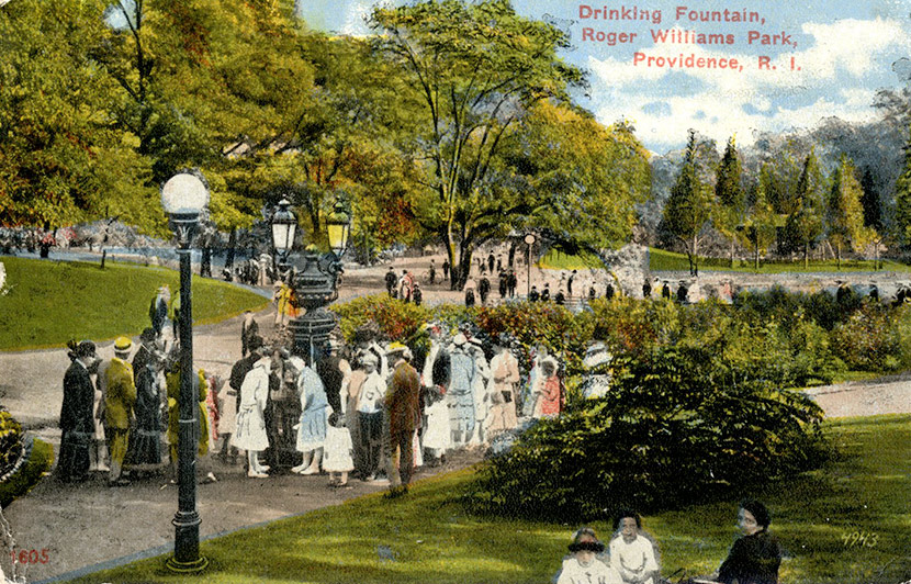 People gather around the public drinking fountain at Roger Williams Park in Providence. Designed in 1878 and completed in the 1880s, the large park on the southern end of town quickly became a popular place for residents to relax and escape the city. Drinking fountains such as this one, commonly known as “bubblers,” were just one of the ways in which diseases could be spread. During the pandemic, many public health officers around the nation worried that they would spread influenza as well.