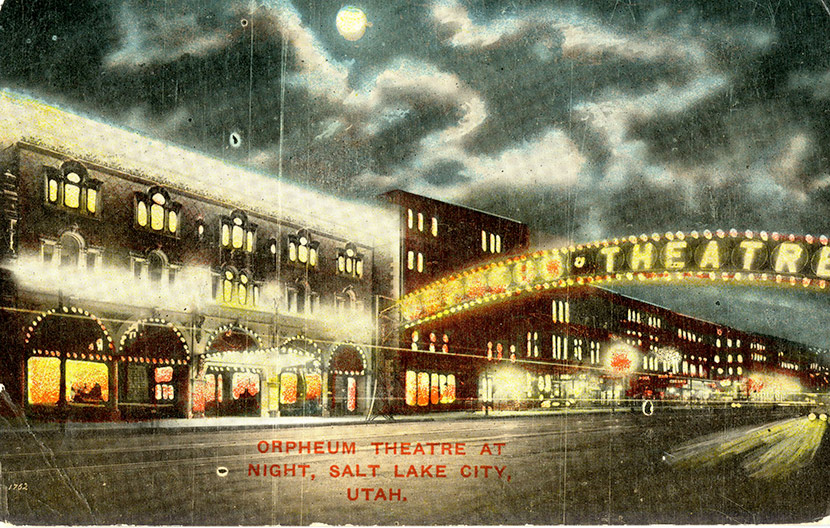 The Capitol Theatre (part of the Orpheum chain) at 50 W. 200 S. Street at night, illuminated by hundreds of light bulbs. The Italian Renaissance building was constructed in 1912 and still stands today. The theater was closed - along with all of Salt Lake City's other places of public amusement - for two months during the influenza epidemic.