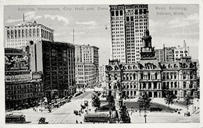 A view of Soldiers Monument, old City Hall, and the Dime Bank Building in Detroit’s financial district. Soldier’s Monument still stands at the southeastern edge of Campus Martius. The old City Hall building was demolished in 1961. The Dime Building is now known as Chrysler House.