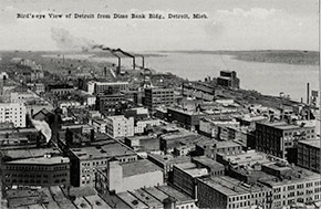 The view from Detroit’s Dime Bank Building (now known as Chrysler House), with the Detroit River and Belle Isle in the distance.