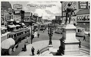 The busy intersection of St. Clair and Summit Streets in downtown Toledo. Today, the Steadman Monument is gone, and St. Clair and Summit Streets no longer intersect.