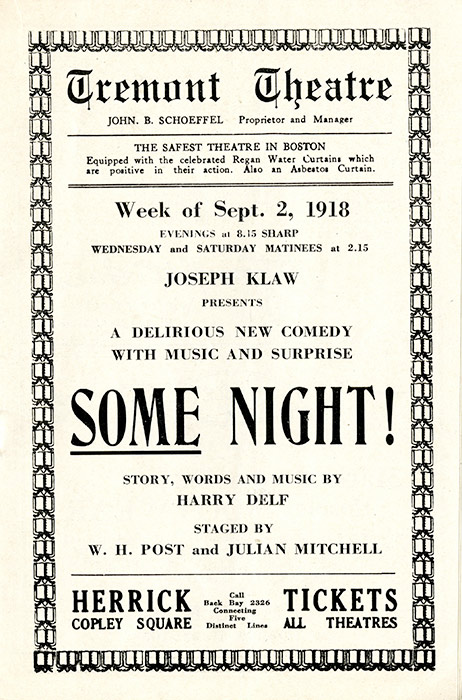 A program for the musical comedy “Some Night” at Boston’s Tremont Theatre.  Once the closure order went into effect, this and all other shows were put on hold, leaving Bostonians with few outlets for entertainment.