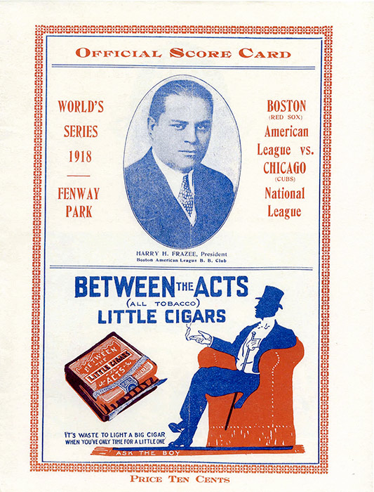 Official score card for the famous 1918 World Series between the Boston Red Sox and the Chicago Cubs.  The series was played in early-September because of the war, as Boston’s influenza epidemic situation worsened dramatically.  The Red Sox won, a feat they wouldn’t repeat for another 86 years.