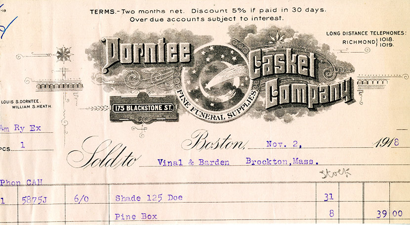 A bill of sale for a pine box casket, most likely used to bury a victim of influenza.