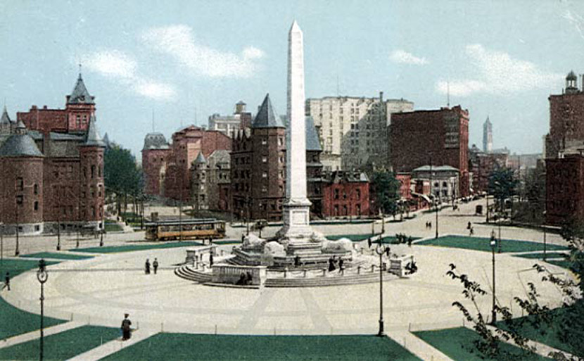 Niagara Square, with the old Central High School on the left, used as an emergency hospital during the epidemic.