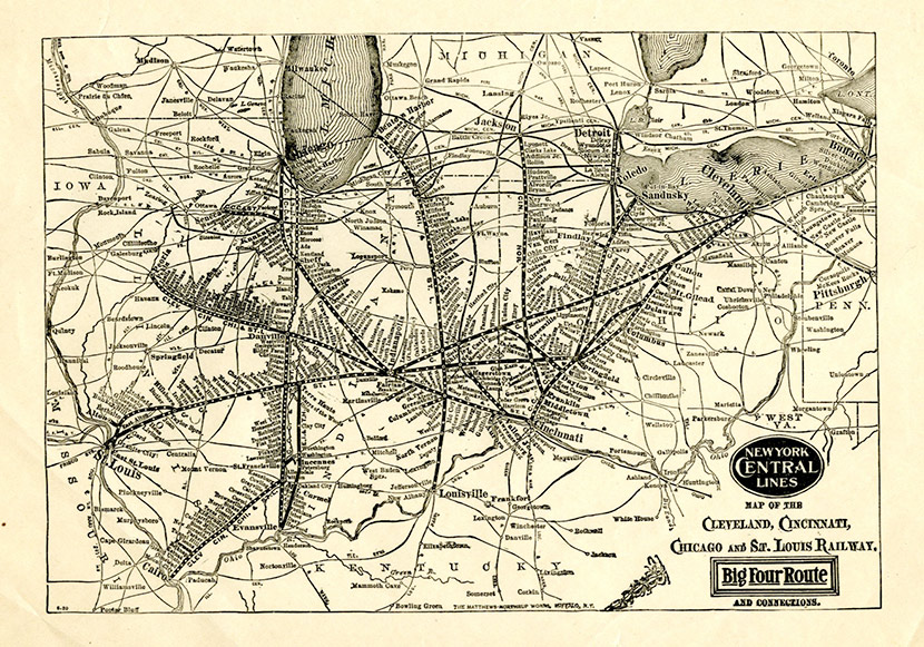 Map of the Cleveland, Cincinnati, Chicago and St. Louis Railway, showing the Windy City’s connections to the rest of the Midwest and the nation.