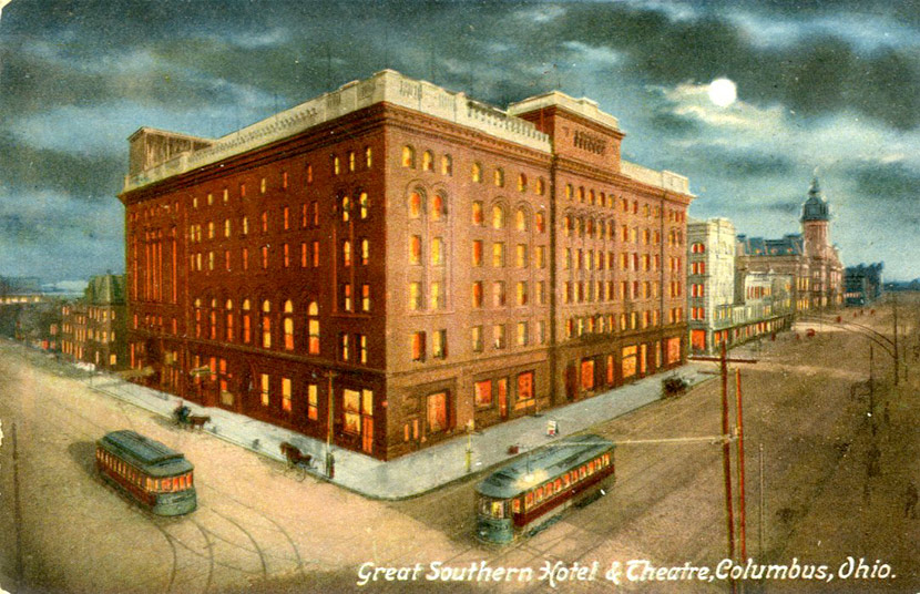 The Great Southern Hotel & Theatre, at 21 East Main Street in downtown Columbus.  The theatre featured silent films and vaudeville acts, and, like others in the city, was closed during much of the epidemic.