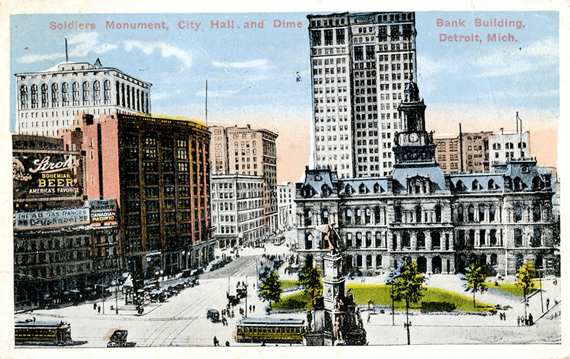 A view of Soldiers Monument, old City Hall, and the Dime Bank Building in Detroit’s financial district. Soldier’s Monument still stands at the southeastern edge of Campus Martius.  The old City Hall building was demolished in 1961. The Dime Building is now known as Chrysler House.