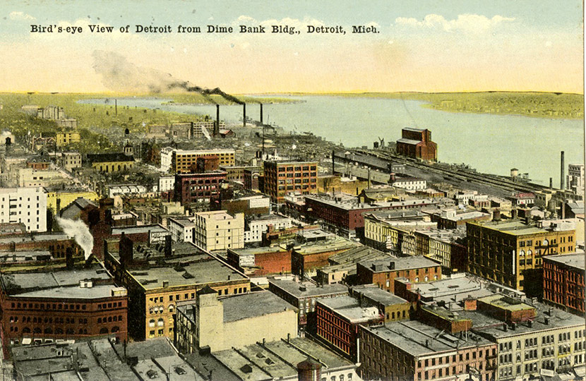 The view from Detroit’s Dime Bank Building (now known as Chrysler House), with the Detroit River and Belle Isle in the distance.