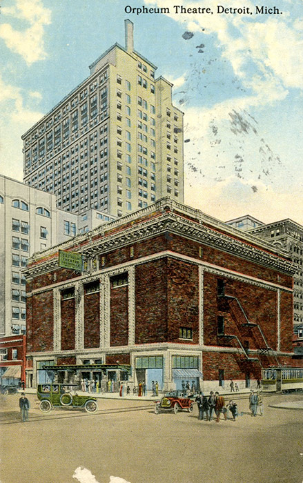 Detroit’s Orpheum Theatre, located at the corner of Lafayette and Shelby Streets. The theater had a seating capacity of 2130 patrons. Like all public venues, it was closed during the epidemic.  Known variously as the Orpheum, the Shubert, and the Lafayette during its lifetime, the elaborate Italian Renaissance building was demolished in 1964.