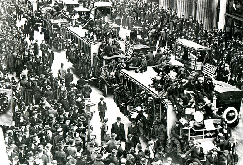 New Yorkers gather in the streets to celebrate Armistice Day, November 11, 1918. Public health officers across the nation feared that such large-scale gatherings would help continue to spread influenza, but knew that there was little they could do to try and stop them.