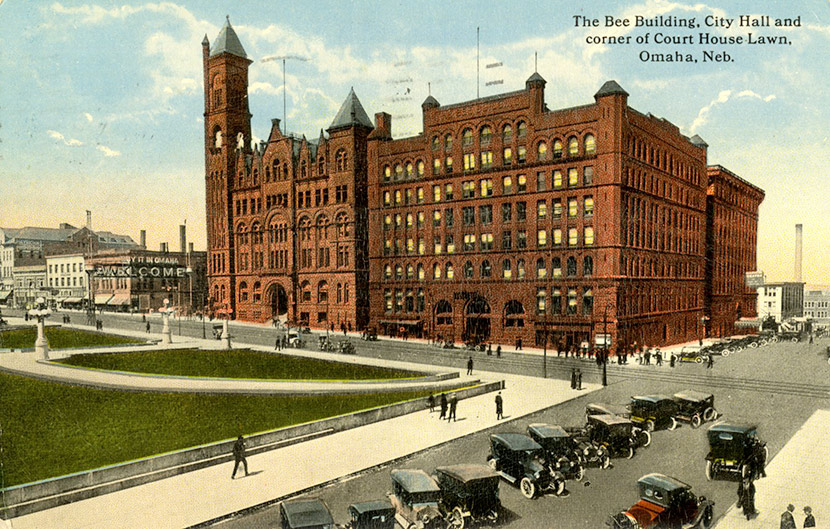The Bee Building, home of the Omaha Bee newspaper. Built in 1888 at 17th and Farnam Streets, the massive building was demolished in 1966.