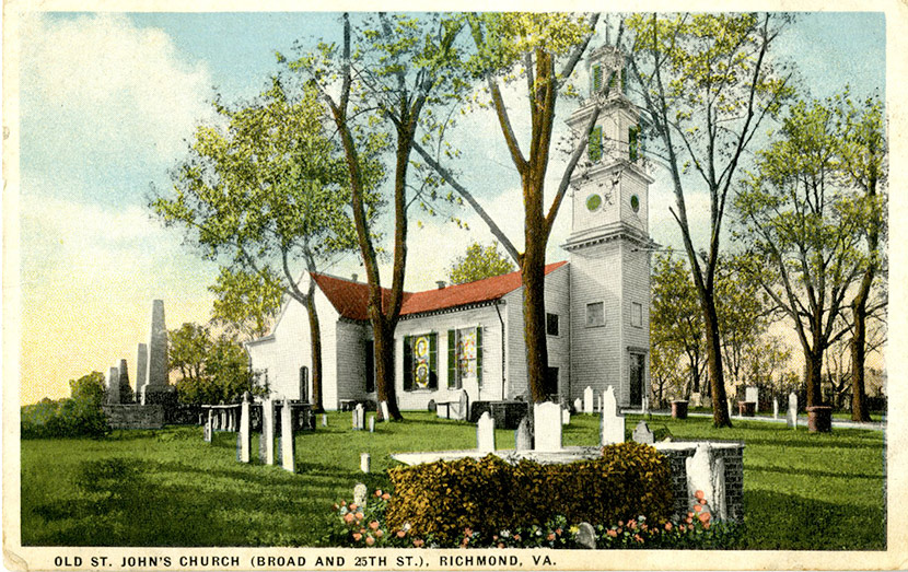 St. John’s Church at Broad and 25th Streets. The structure was built in 1741, and was the site where Patrick Henry delivered his famous “Give me liberty or give me death” speech on March 23, 1775. During Richmond’s influenza epidemic, St. John’s – along with the city’s other churches – was temporarily closed.