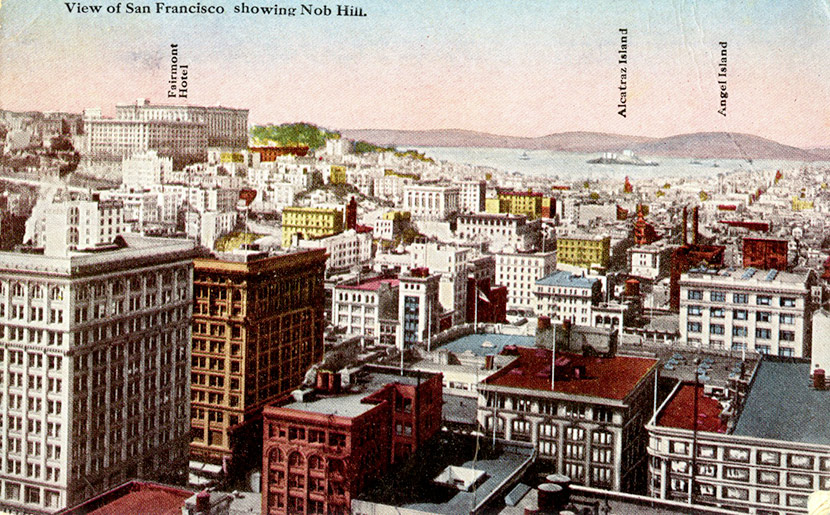 A view of San Francisco, looking north from the Nob Hill neighborhood. To the left is the luxurious and historic Fairmont Hotel, at 950 Mason Street.