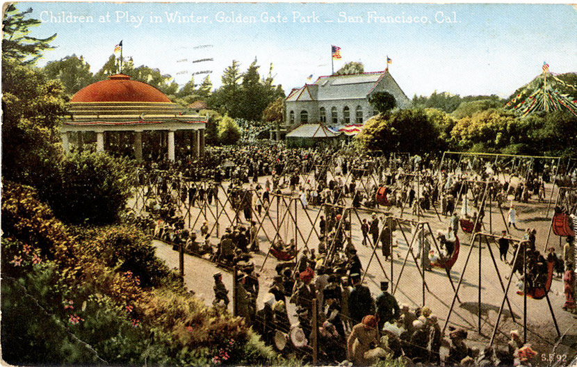 Crowded Children’s Playground at Golden Gate Park in San Francisco, with the carousel and the Sharon Building in the background. With most indoor venues closed during the epidemic, parks and outdoor attractions became particularly important public places.