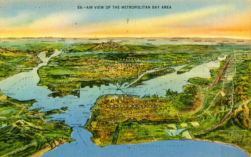 Aerial view of the Bay Area, with San Francisco in the foreground and Richmond, Oakland, and Berkeley in the background.