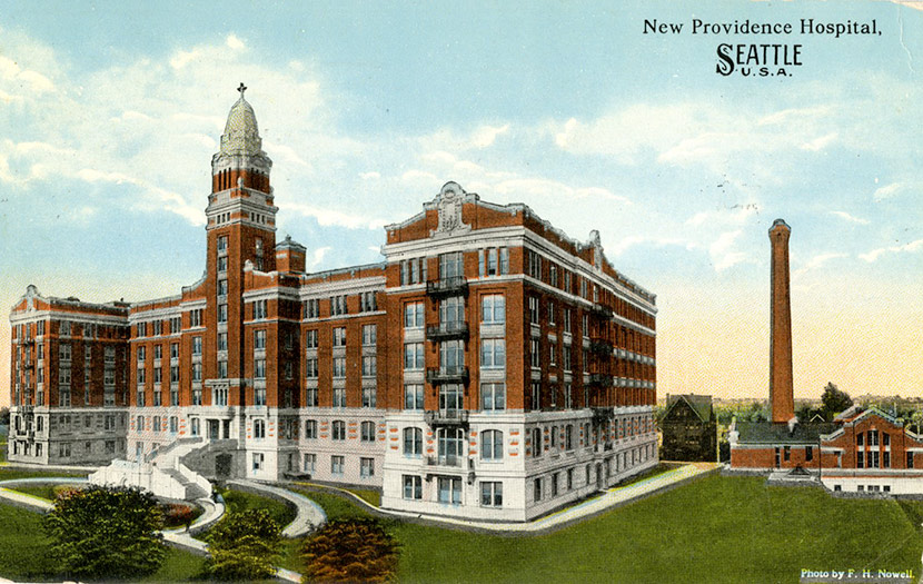 Providence Hospital on 17th and Jefferson Streets on Renton Hill. The hospital could accommodate 300 patients. It is now part of Swedish Medical Center, Cherry Hill Campus.