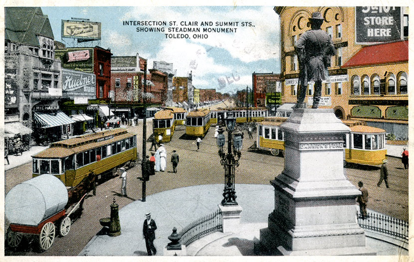 The busy intersection of St. Clair and Summit Streets in downtown Toledo. Today, the Steadman Monument is gone, and St. Clair and Summit Streets no longer intersect.