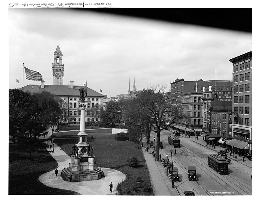 View of Worcester Common and City Hall, from Front Street, ca. 1910-1920.