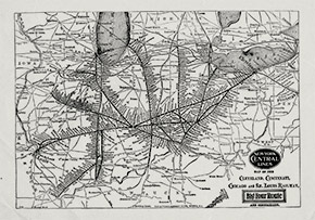 Map of the Cleveland, Cincinnati, Chicago and St. Louis Railway, showing the Windy City’s connections to the rest of the Midwest and the nation.