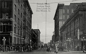 Seventh Street looking south from Locust Street, Des Moines.