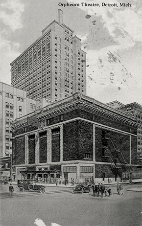 Detroit’s Orpheum Theatre, located at the corner of Lafayette and Shelby Streets. The theater had a seating capacity of 2130 patrons. Like all public venues, it was closed during the epidemic. Known variously as the Orpheum, the Shubert, and the Lafayette during its lifetime, the elaborate Italian Renaissance building was demolished in 1964.