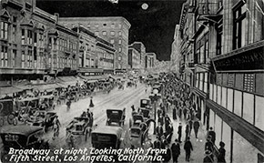 Bustling South Broadway at night, looking north from West 5th Street in downtown Los Angeles.