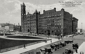 The Bee Building, home of the Omaha Bee newspaper. Built in 1888 at 17th and Farnam Streets, the massive building was demolished in 1966.