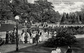 People gather around the public drinking fountain at Roger Williams Park in Providence. Designed in 1878 and completed in the 1880s, the large park on the southern end of town quickly became a popular place for residents to relax and escape the city. Drinking fountains such as this one, commonly known as “bubblers,” were just one of the ways in which diseases could be spread. During the pandemic, many public health officers around the nation worried that they would spread influenza as well.