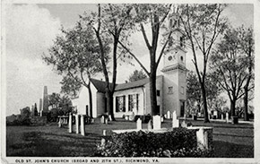 St. John’s Church at Broad and 25th Streets. The structure was built in 1741, and was the site where Patrick Henry delivered his famous “Give me liberty or give me death” speech on March 23, 1775. During Richmond’s influenza epidemic, St. John’s – along with the city’s other churches – was temporarily closed.