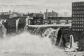 A view of Upper Falls (High Falls) of the Genesee River in downtown Rochester. The falls was the source of Rochester’s flourmills and other industries in the 19th and 20th centuries. This particular postcard was mailed on November 13, 1918, during the city’s influenza epidemic.