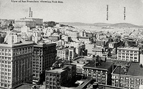 A view of San Francisco, looking north from the Nob Hill neighborhood. To the left is the luxurious and historic Fairmont Hotel, at 950 Mason Street.