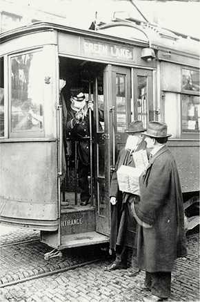 A Seattle Green Lake trolley conductor and passengers with flu masks, October 1918. A little over a year from when this photo was taken, a Green Lake trolley with more than 100 passengers aboard jumped the track, killing one and injuring 70 others. The Green Lake trolley line is now Green Lake Way North.