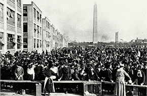 Workers from the Munitions Building in Washington, DC are served hot chocolate, October 24, 1918. Large crowds like this undoubtedly helped spread influenza.