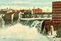 A view of Upper Falls (High Falls) of the Genesee River in downtown Rochester. The falls was the source of Rochester’s flourmills and other industries in the 19th and 20th centuries. This particular postcard was mailed on November 13, 1918, during the city’s influenza epidemic.