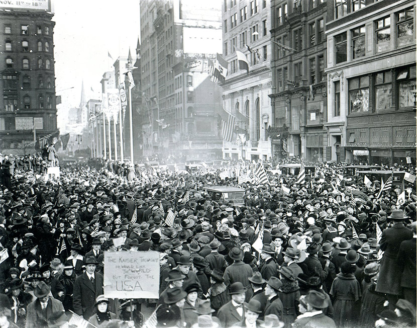 Throngs of New Yorkers fill the streets of Manhattan to celebrate Armistice Day, November 11, 1918.