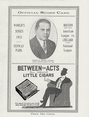 Official score card for the famous 1918 World Series between the Boston Red Sox and the Chicago Cubs.  The series was played in early-September because of the war, as Boston’s influenza epidemic situation worsened dramatically.  The Red Sox won, a feat they wouldn’t repeat for another 86 years.