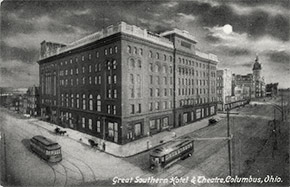 The Great Southern Hotel & Theatre, at 21 East Main Street in downtown Columbus.  The theatre featured silent films and vaudeville acts, and, like others in the city, was closed during much of the epidemic.