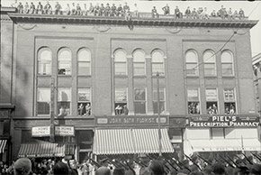 Omaha’s crowded Armistice Day parade, November 1918. The streets were so congested that some took to the roofs of downtown buildings to view the parade.